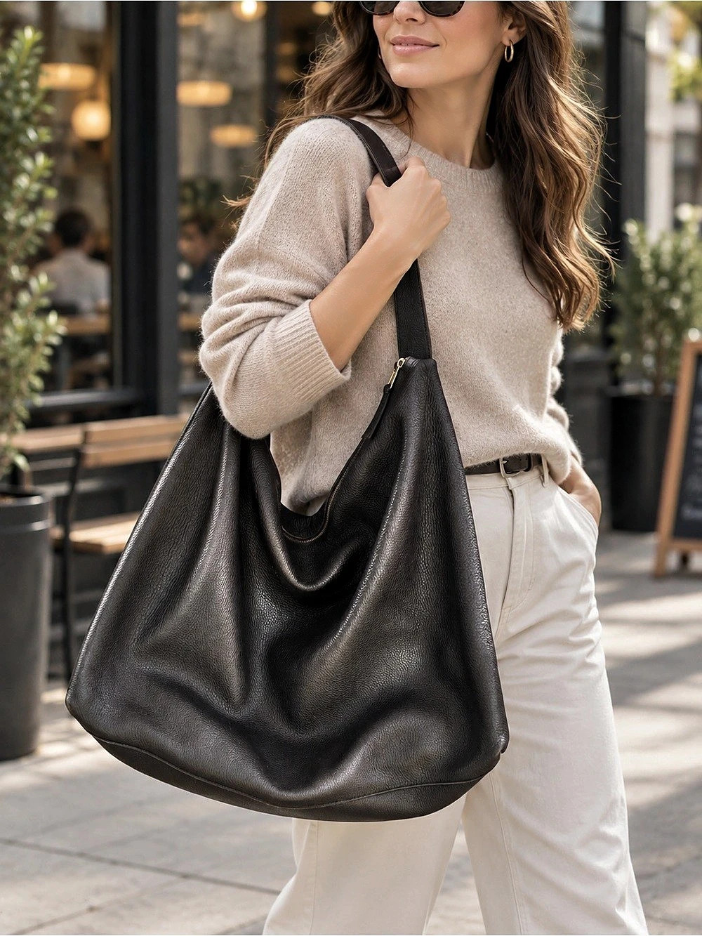 Sheridan Oversized Aged-Black Pebbled Slouchy Shoulder Bag Approx 25 inches